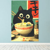 Toile Chat noir drôle mangeant du Ramen (Insitu (Plancher de Bois))