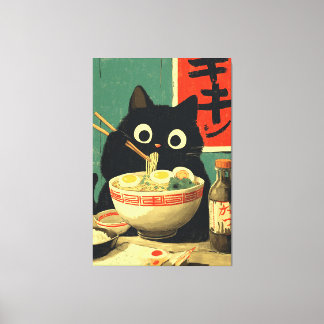 Toile Chat noir drôle mangeant du Ramen