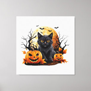 Toile Chat noir entouré de citrouilles