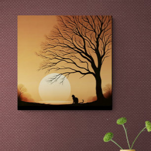Toile Chat noir et silhouette d'arbre dans le Sun Set Ca