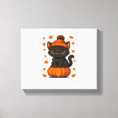 Toile Chat noir mignon assis sur Citrouille Automne esth (Recto)