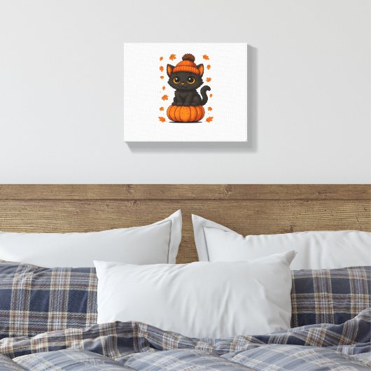 Toile Chat noir mignon assis sur Citrouille Automne esth (Insitu(Chambre))