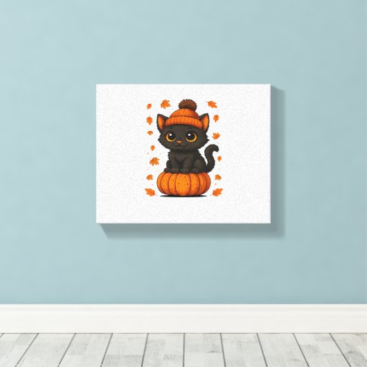 Toile Chat noir mignon assis sur Citrouille Automne esth (Insitu (Plancher de Bois))