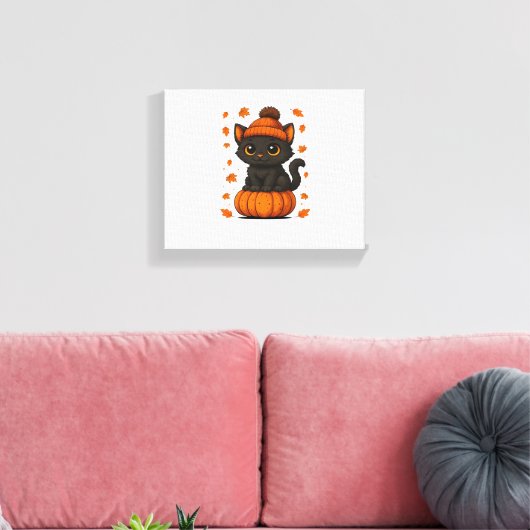 Toile Chat noir mignon assis sur Citrouille Automne esth (Insitu(Salon))