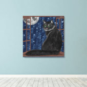 Toile Chat noir Regardant la Lune et les étoiles (Insitu (Plancher de Bois))