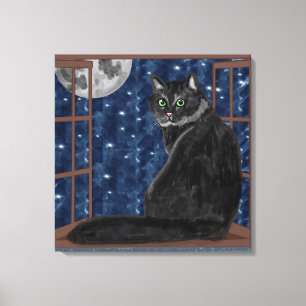 Toile Chat noir Regardant la Lune et les étoiles