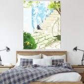 Toile Chat noir sur les marches Poster, Grèce Santorin (Insitu(Chambre))