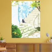 Toile Chat noir sur les marches Poster, Grèce Santorin (Insitu(Salon))