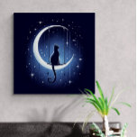 Toile Chat silhouette balançant de la lune de croissant<br><div class="desc">Extra Large (101.60cm x 101.60cm) Peinture murale en toile. Un chat est assis sur le croissant de lune entouré d'étoiles dans le beau ciel bleu de minuit.</div>