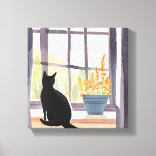 Toile Chat sur Appui de Fenêtre   Silhouette Aquarelle
