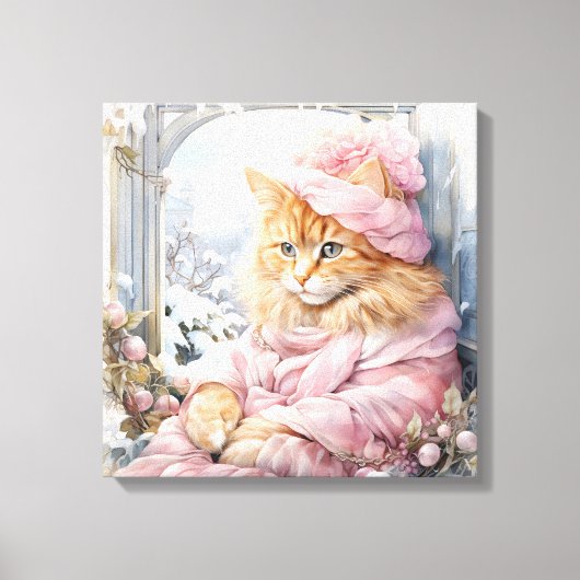 Toile Chat Tabby Orange Habillé De Rose Dans Une Fenêtre (Recto)