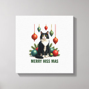 Toile Chat Tuxedo de Noël avec décorations de fêtes Merr