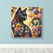 Toile Chat Whimsical Noir Abstrait peinture florale Art (Insitu (Plancher de Bois))