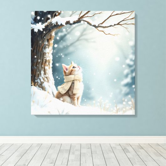Toile Chaton regardant les flocons de neige (Insitu (Plancher de Bois))