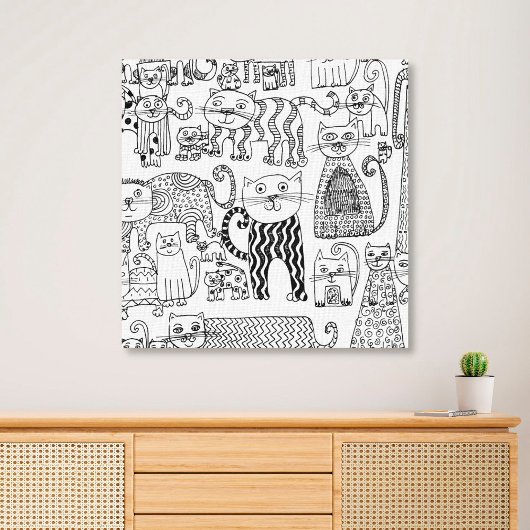 Toile Chats Moderne Noir et Blanc Dessinés à la Main