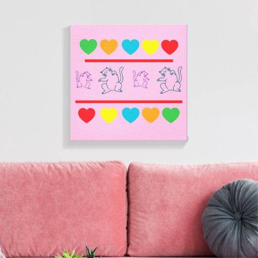 Toile Cheerful Cats & Rainbow Hearts Canvas Print (Insitu(Salon))