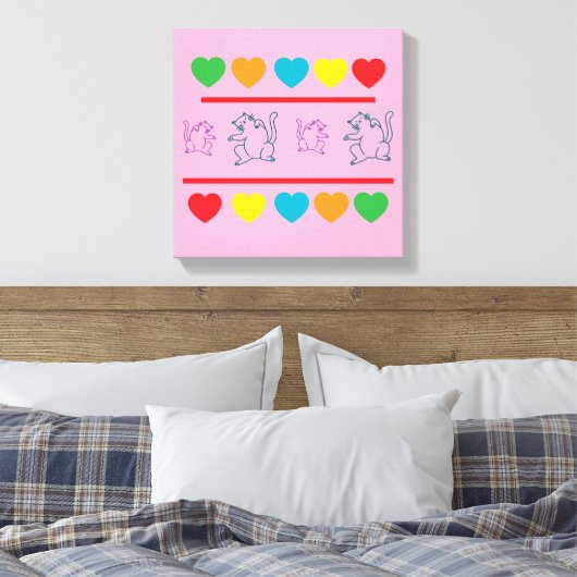 Toile Cheerful Cats & Rainbow Hearts Canvas Print (Insitu(Chambre))