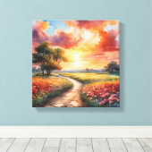 Toile Chemin du coucher de soleil à travers un champ de (Insitu (Plancher de Bois))