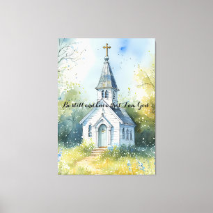 Toile Chemin rustique d'église dans une prairie de fleur