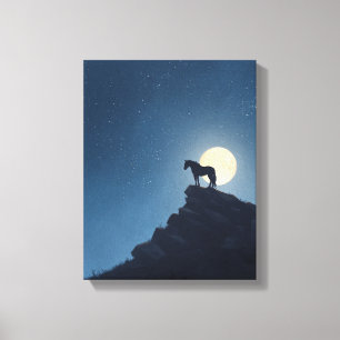 Toile Cheval au Clair de Lune sur une Falaise Silhouette
