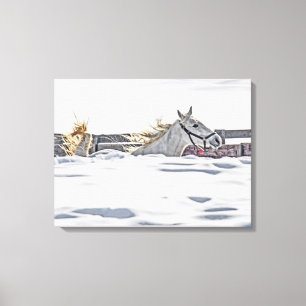 Toile Cheval Blanc Galopant Dans La Neige
