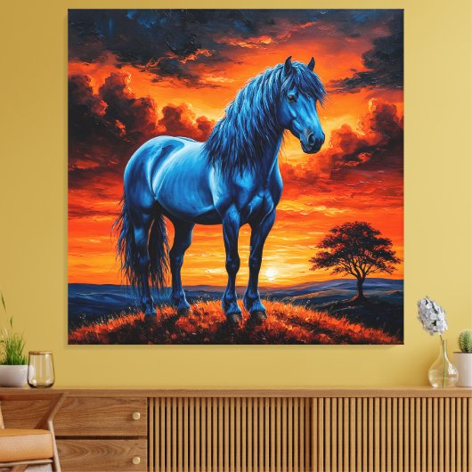Toile Cheval bleu dans un tableau de paysage de coucher (Insitu(Salon))