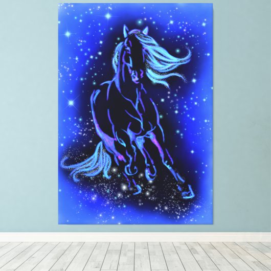 Toile Cheval Bleu Néon Couchant Au Lune Starry Night  (Insitu (Plancher de Bois))