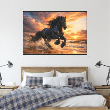Cheval Frison Noir au Coucher du Soleil, Course Pu