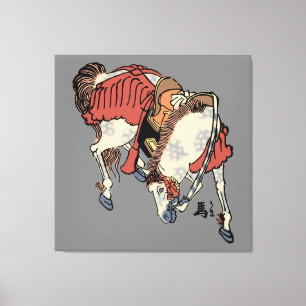 Toile Cheval Japonais Vintage sur Gris Moyen