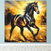 Toile Cheval noir traversant l'eau au coucher du soleil  (Insitu (Plancher de Bois))