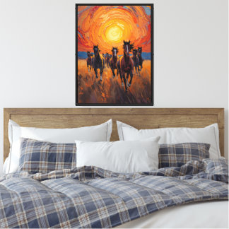 Toile Chevaux au Galop Coucher de Soleil Art Impressionn