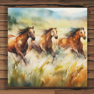 Toile Chevaux Sauvages Galopant dans des Champs Herbeux