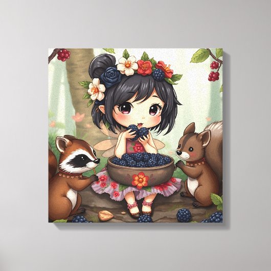 Toile Chibi Fairy Eating Blackberries with Forest Friend (Recto)