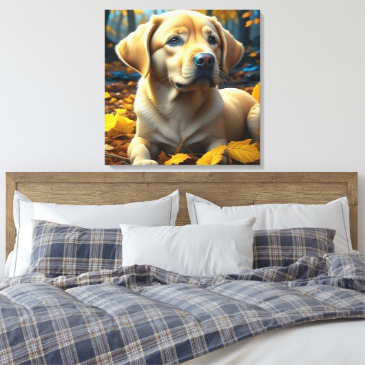 Toile Chien chiot jouant dans les feuilles d'automne (Insitu(Chambre))