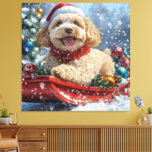 Toile Chien Cockapoo dans un traîneau Laissez neige Noël