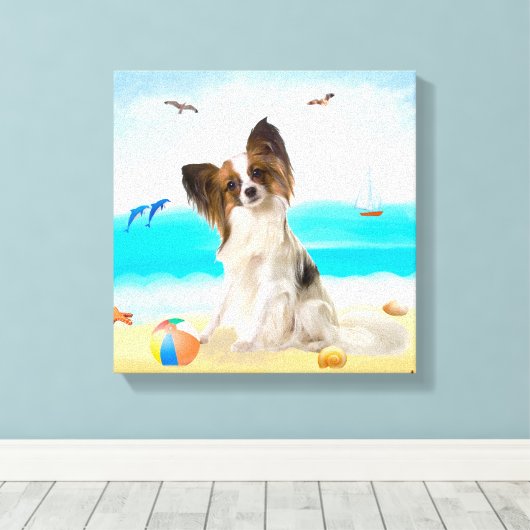 Toile Chien de Papillon sur la plage (Insitu (Plancher de Bois))
