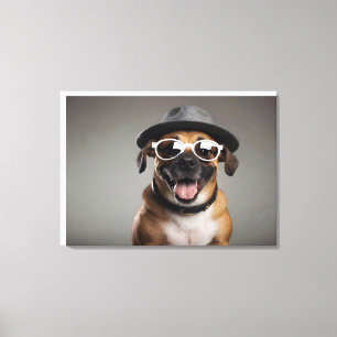 Toile Chien drôle avec lunettes et casquette