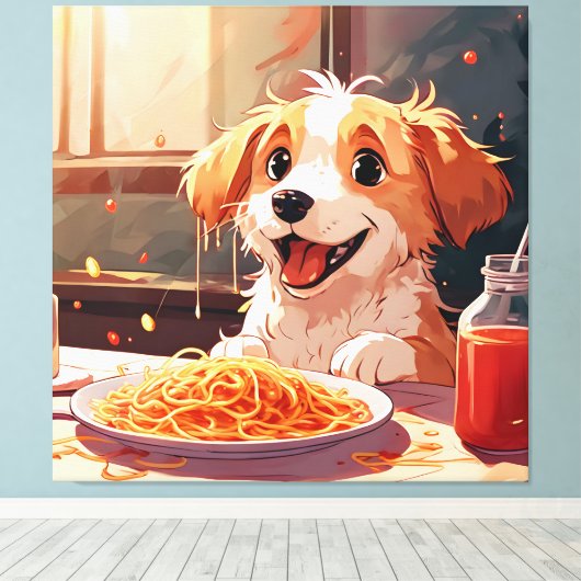 Toile Chien mangeant spaghetti (Insitu (Plancher de Bois))