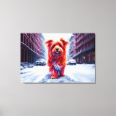 Toile Chien rouge marchant dans la rue d'hiver enneigée (Recto)