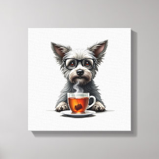 Toile Chien Vintage tenant une tasse de thé avec des lun