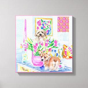 Toile Chiens et tas de tulipes à l'intérieur des préppy