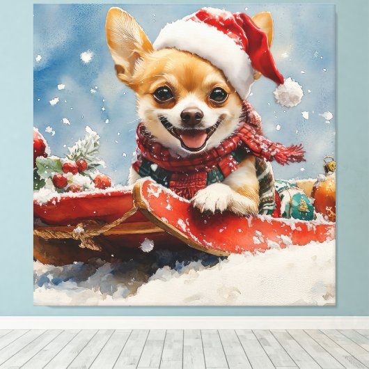 Toile Chihuahua Dog in Sledge Let it neiger Noël (Insitu (Plancher de Bois))