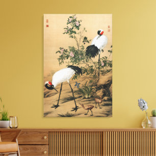 Toile Chinoiserie Vintage Grues couronnées rouges et ros