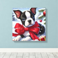 Chiot avec Bow rouge sur la scène de Noël enneigée