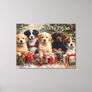 Toile Chiots de Noël avec des cadeaux sous l'arbre décor