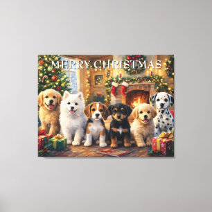 Toile Chiots de Noël près de la cheminée et de l'arbre d