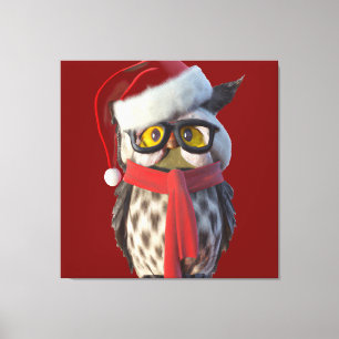 Toile Chouette de Noël portant le costume Père Noël et l