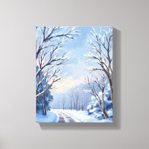 Toile Chutes de neige fraîche Route d'hiver Aquarelle
