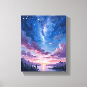Toile Ciel de Nuit Aquarelle Violette de Lac Étoilé
