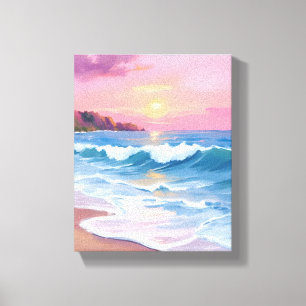 Toile Cieux pastel rose Vagues de plage à l'aquarelle